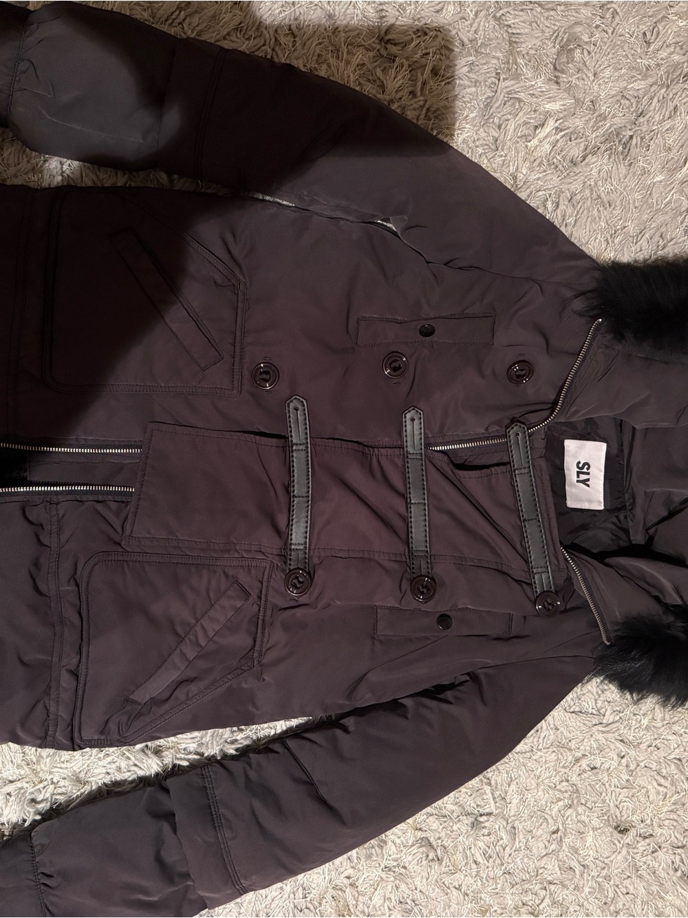 SLY Black Down Jacket with Faux Fur Trim